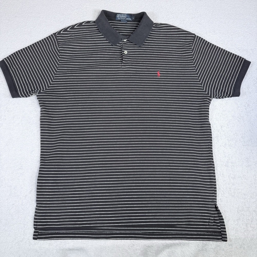 Polo Ralph Lauren Shirt Men Size L Black Short Sleeve Custom Striped Red Pony